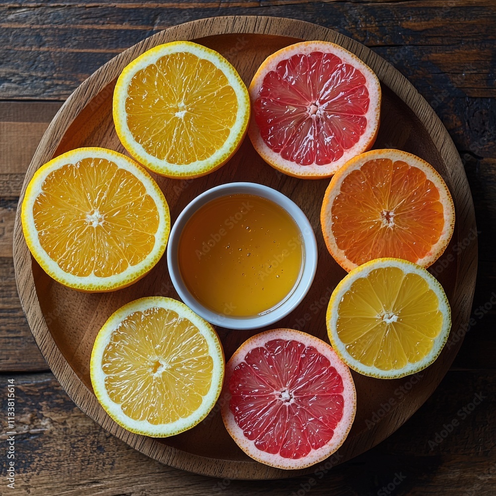Honey and citrus fruits oranges, grapefruits, and lemons arranged on a wooden tray, overhead shot. A healthy and refreshing image perfect for recipes or articles related to wellness. Honey and citrus fruits oranges, grapefruits, and lemons arranged on a wooden tray, overhead shot. A healthy and refreshing image perfect for recipes or articles related to wellness.
