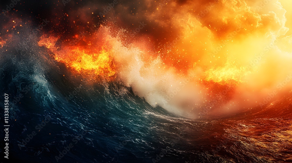 Fototapeta premium Fiery Ocean Waves Crashing Together In A Dramatic Display