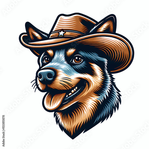 Australian cattle dog head wearing a cowboy hat cartoon graphic illustration western element photo