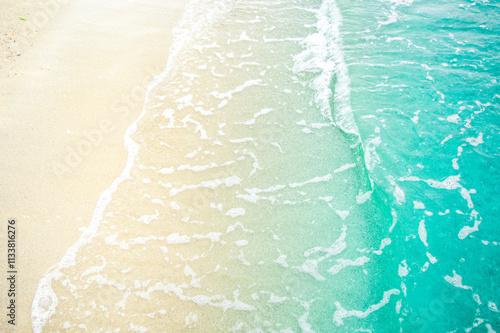 Peaceful blue green sea waves shore. Ocean coast view. photo beachfront. Seaside exotic tropical nature landscape .Focus on beach wave, Noisy, exposure, similar others