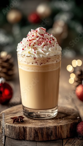 A festive drink topped with whipped cream and peppermint, perfect for the holiday season.