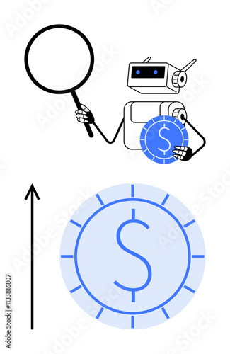 Robot with magnifying glass inspects coin upward arrow indicates financial growth. Ideal for finance, technology, analysis, success, innovation, investment, and progress. Line metaphor