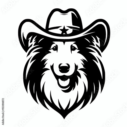 Rough collie dog wearing a cowboy hat icon vector silhouette illustration photo