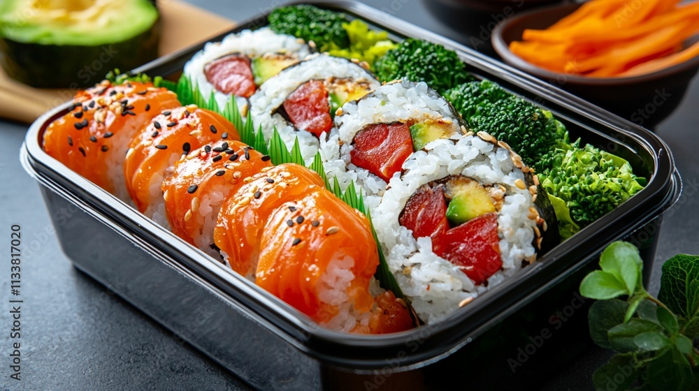 Delicious sushi platter featuring fresh salmon, colorful vegetables, and vibrant sushi rolls served in a stylish black container ready for a delightful meal experience Delicious sushi platter featuring fresh salmon, colorful vegetables, and vibrant sushi rolls served in a stylish black container ready for a delightful meal experience