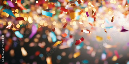 Colorful confetti falling against blurred background creates festive atmosphere, perfect for celebrations and joyful events