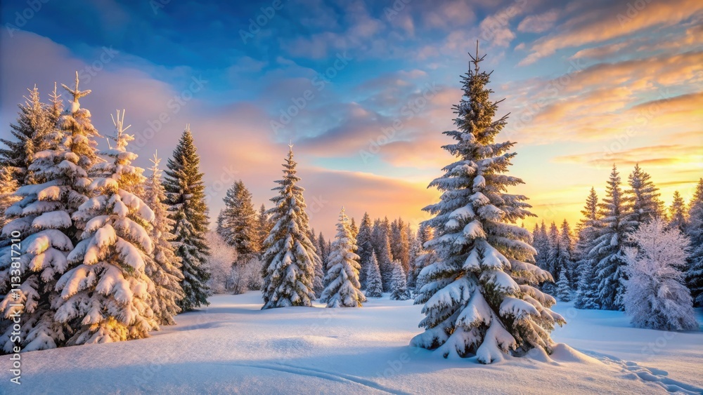 Fototapeta premium Winter landscape with snow-covered pine trees on a frosty evening, pine trees, snow, winter, panorama, cold, frost, nature