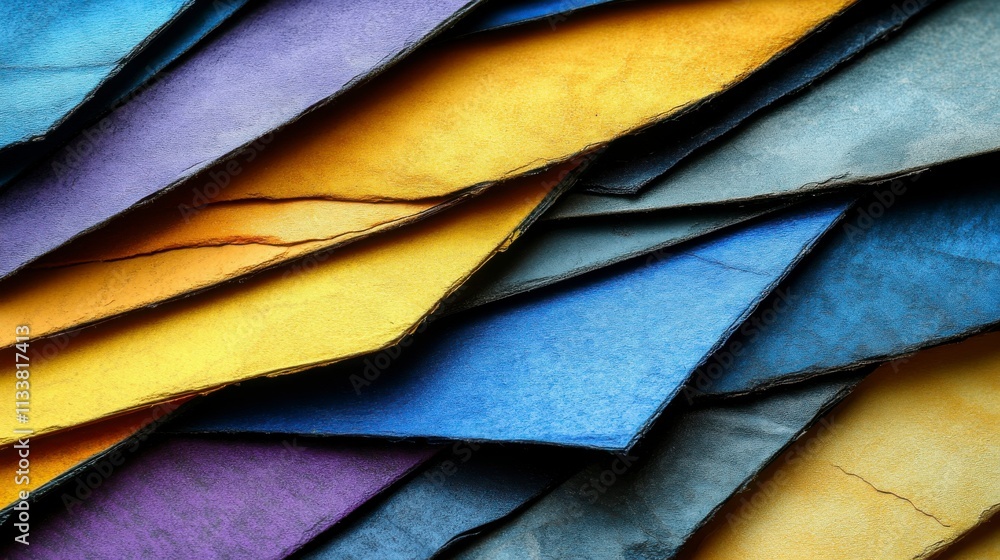 Obraz premium Retro-inspired flat lay featuring textured layers of blue, yellow, and purple papers in a Memphis geometric style. Perfect for 80s and 90s themed designs.