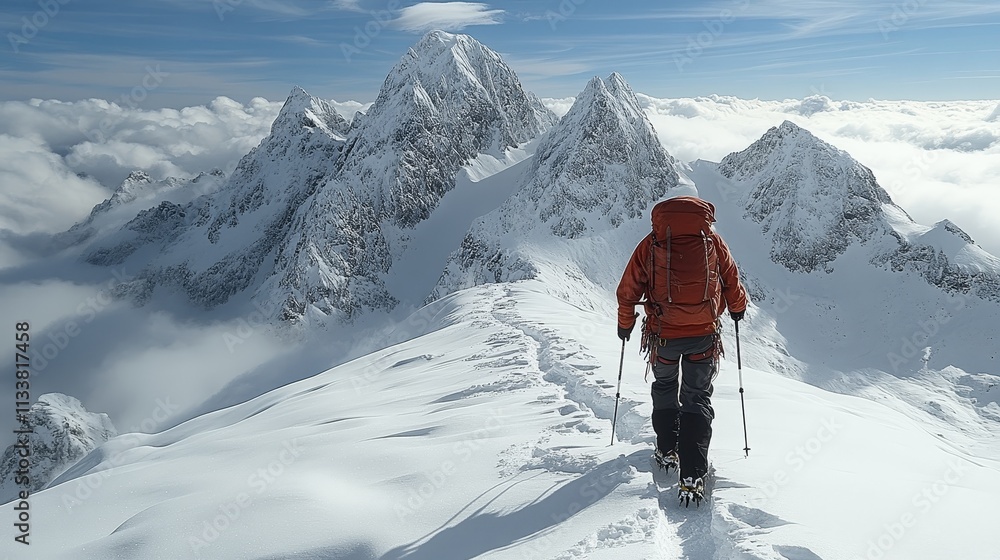 Climber walking up a snow-covered mountain with climbing gear, trekking through rugged terrain in winter conditions, heading towards the summit, surrounded by snow-capped peaks and a clear blue sky. Climber walking up a snow-covered mountain with climbing gear, trekking through rugged terrain in winter conditions, heading towards the summit, surrounded by snow-capped peaks and a clear blue sky.
