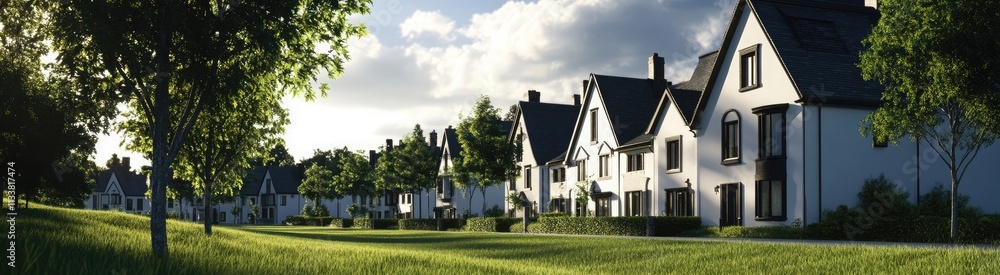 A row of modern, newly built houses panoramic view A row of modern, newly built houses panoramic view