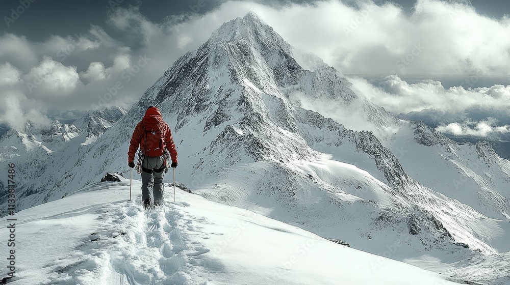 Climber walking up a snow-covered mountain with climbing gear, trekking through rugged terrain in winter conditions, heading towards the summit, surrounded by snow-capped peaks and a clear blue sky. Climber walking up a snow-covered mountain with climbing gear, trekking through rugged terrain in winter conditions, heading towards the summit, surrounded by snow-capped peaks and a clear blue sky.