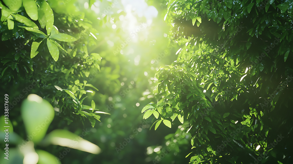 A lush green forest with sunlight shining through the leaves