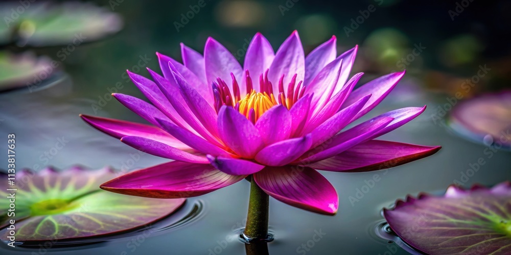 Purple water lily in full bloom with dark pink petals, side view, water lily, purple, blooming, pond, Nymphaea, floral, nature Purple water lily in full bloom with dark pink petals, side view, water lily, purple, blooming, pond, Nymphaea, floral, nature