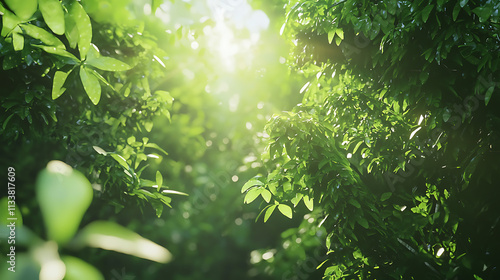 Obraz na płótnie A lush green forest with sunlight shining through the leaves w salonie