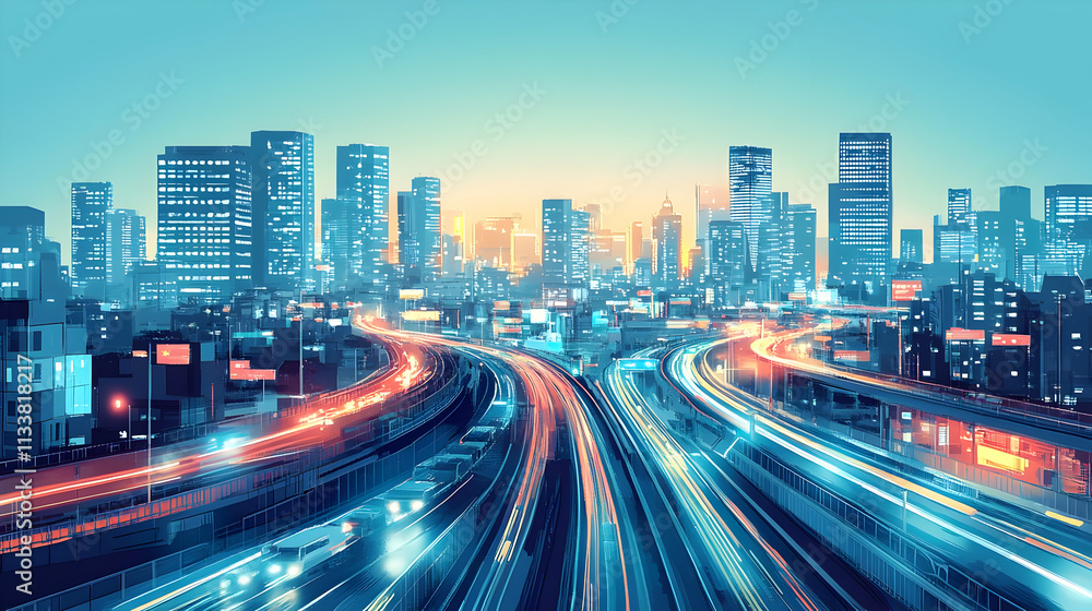 Fototapeta premium A vibrant cityscape at dusk with flowing traffic and illuminated buildings.