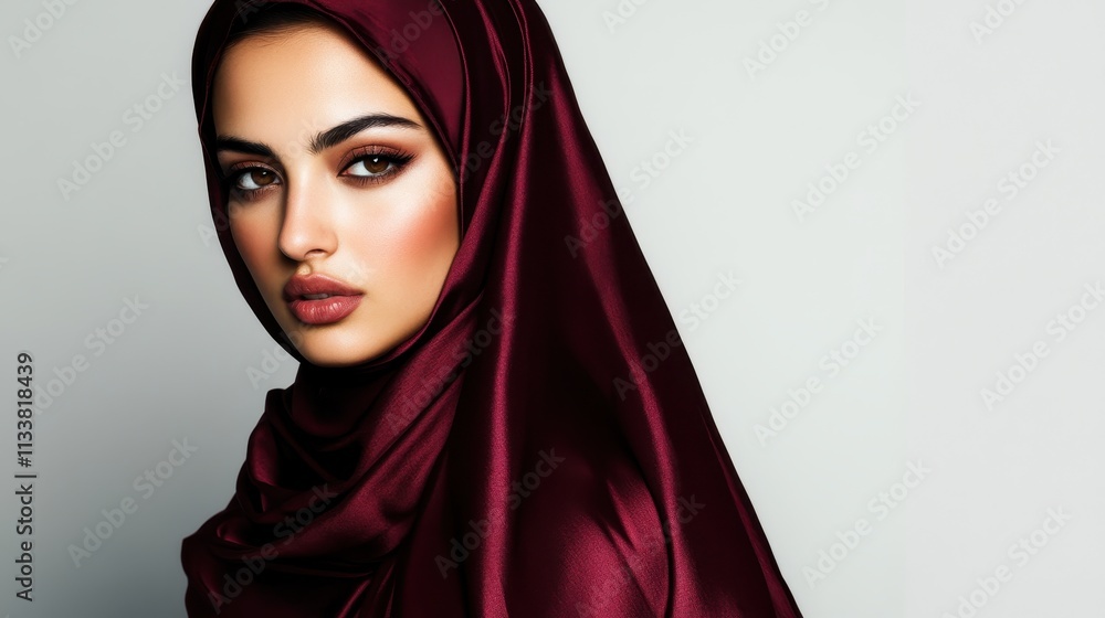 Elegant Portrait of a Woman in a Maroon Silk Hijab: A Study in Grace and Beauty Elegant Portrait of a Woman in a Maroon Silk Hijab: A Study in Grace and Beauty