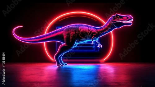 Fototapeta Naklejka Na Ścianę i Meble -  Retro-inspired dinosaur with an antique computer screen in a contemporary art collage. Dark neon background symbolizes surreal connection and artistic inspiration.