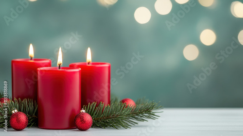 Festive red Christmas candles glowing warmly on table with pine branches and ornaments, creating cozy holiday atmosphere