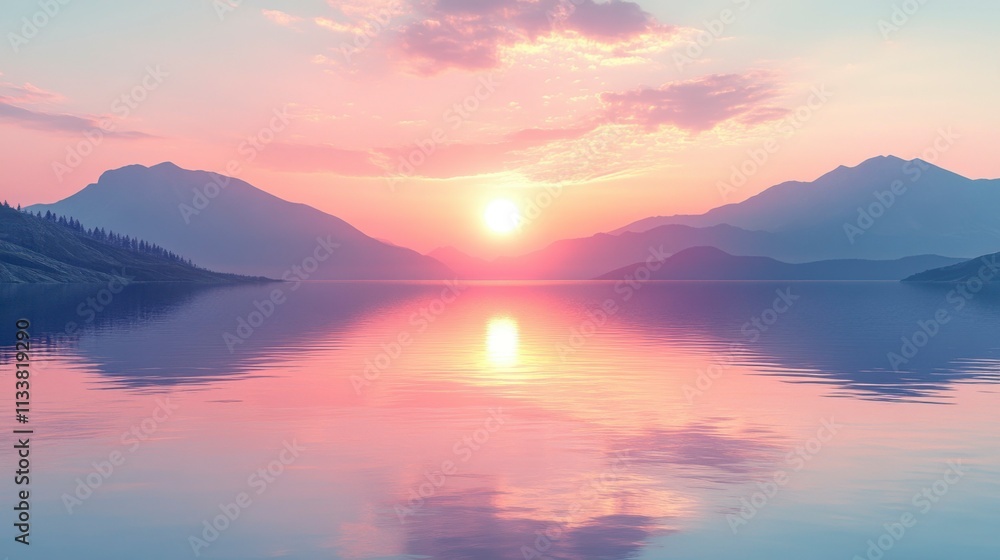 Futuristic retro wave with neon sun setting on the sea and mountains in a minimalistic 3D render. Retro style blending with vibrant lights and soft focus blur effect. Futuristic retro wave with neon sun setting on the sea and mountains in a minimalistic 3D render. Retro style blending with vibrant lights and soft focus blur effect.