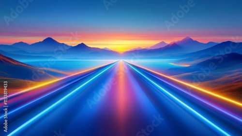 3D render of a retro-style futuristic landscape with neon lights casting a glowing effect on the sea and mountains at sunset. Soft blur and minimalistic design.