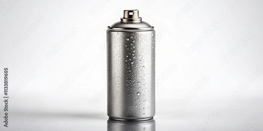 Silver spray can with water drops, silver, spray can, water drops, shiny, metallic, reflective, hydration, cold, refreshing Silver spray can with water drops, silver, spray can, water drops, shiny, metallic, reflective, hydration, cold, refreshing