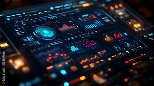 A futuristic digital dashboard displaying data analytics and visualizations.