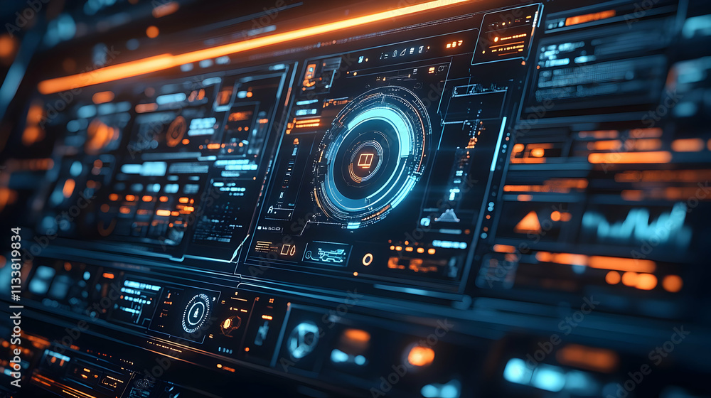 Futuristic control interface with glowing elements and data displays. Futuristic control interface with glowing elements and data displays.