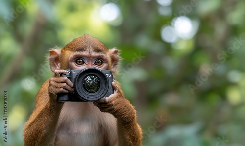 Monkey photographer holding a camera in a forest. photo