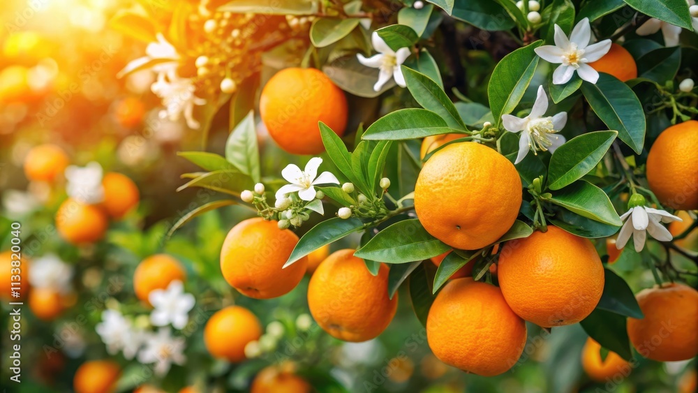 Orange tree with ripe fruits and beautiful orange blossoms , fruit, orange, tree, garden, nature, harvest, fresh, juicy, citrus Orange tree with ripe fruits and beautiful orange blossoms , fruit, orange, tree, garden, nature, harvest, fresh, juicy, citrus