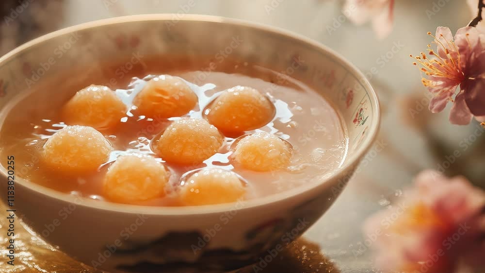 A close-up of a bowl of tangyuan in a warm broth, symbolizing family reunion during the New Year A close-up of a bowl of tangyuan in a warm broth, symbolizing family reunion during the New Year