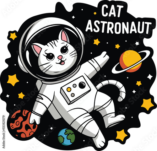vintage style vector illustration of a cartoon cat wearing an astronaut helmet and spacesuit
