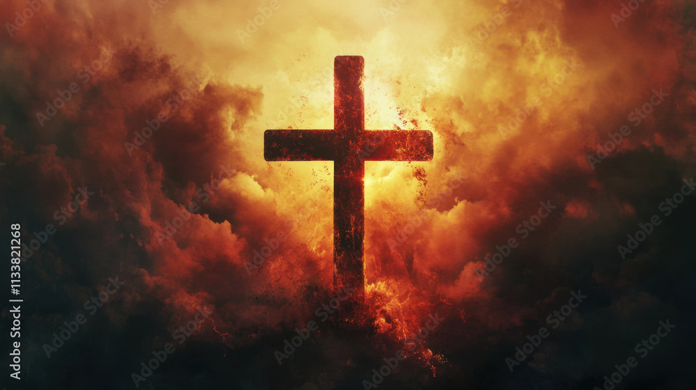 dramatic cross silhouette emerges from fiery clouds, symbolizing hope and faith. intense colors evoke powerful emotional response, perfect for spiritual themes dramatic cross silhouette emerges from fiery clouds, symbolizing hope and faith. intense colors evoke powerful emotional response, perfect for spiritual themes