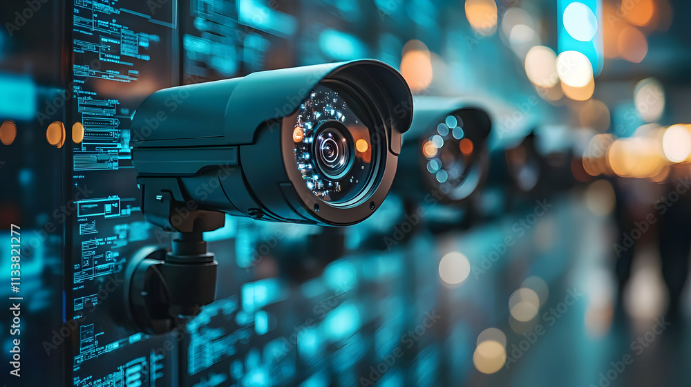 A close-up of a surveillance camera against a digital backdrop, emphasizing security technology. A close-up of a surveillance camera against a digital backdrop, emphasizing security technology.