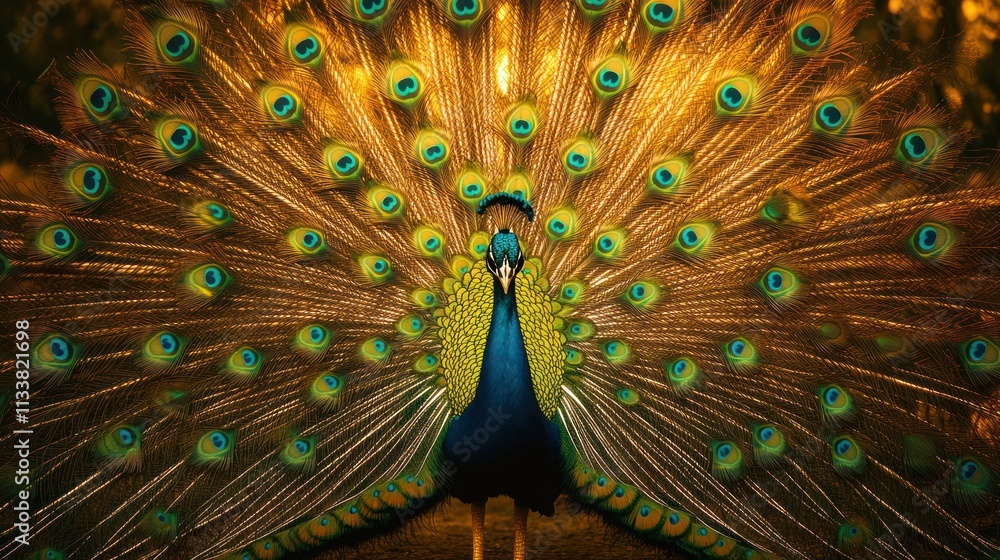 Obraz premium Majestic Peacock Display: A Golden Symphony of Feathers