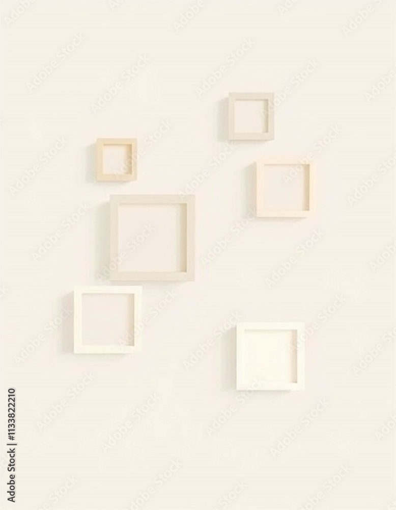 A modern abstract composition with floating squares and rectangles in soft beige and gray tones. A modern abstract composition with floating squares and rectangles in soft beige and gray tones.