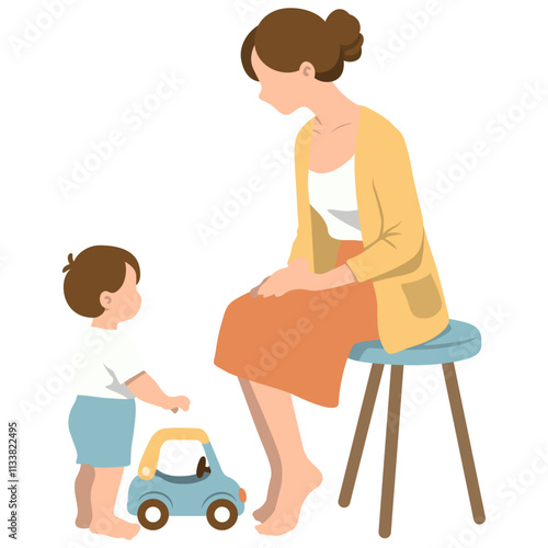 Mother Takes Care of Toddler and Play with Toys.