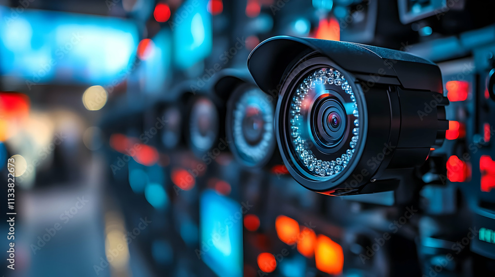 Close-up of a surveillance camera amidst a backdrop of digital screens and equipment. Close-up of a surveillance camera amidst a backdrop of digital screens and equipment.