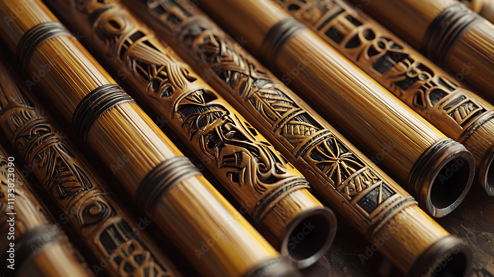 A row of bamboo tubes with intricate carvings on them A row of bamboo tubes with intricate carvings on them
