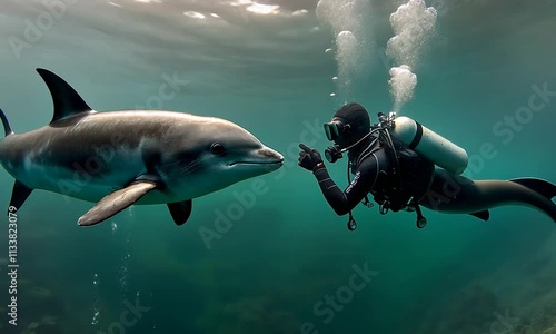 Underwater Encounter: A Diver and a Commerson's Dolphin Share a Moment photo