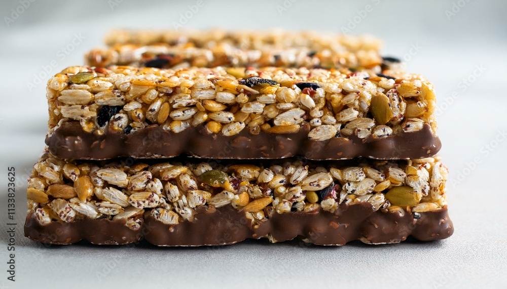 Two delicious chocolate-covered granola bars, a perfect healthy snack. Two delicious chocolate-covered granola bars, a perfect healthy snack.