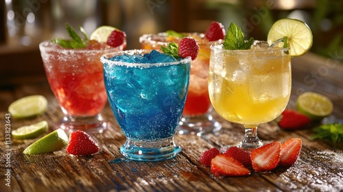 Refreshing Colorful Drinks on a Rustic Table photo