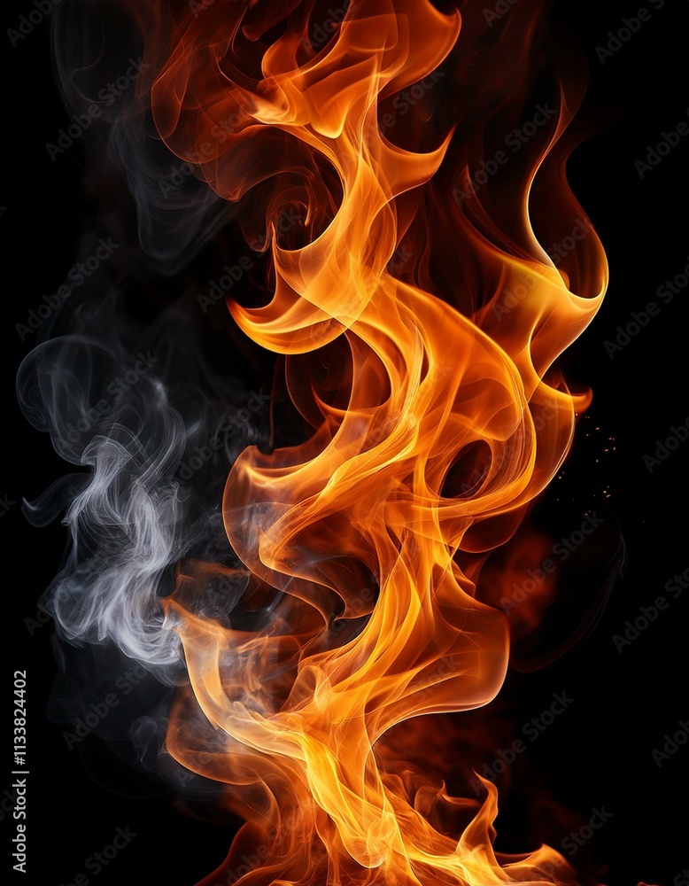 Fiery abstract image with swirling flames and smoke against a black background. Fiery abstract image with swirling flames and smoke against a black background.