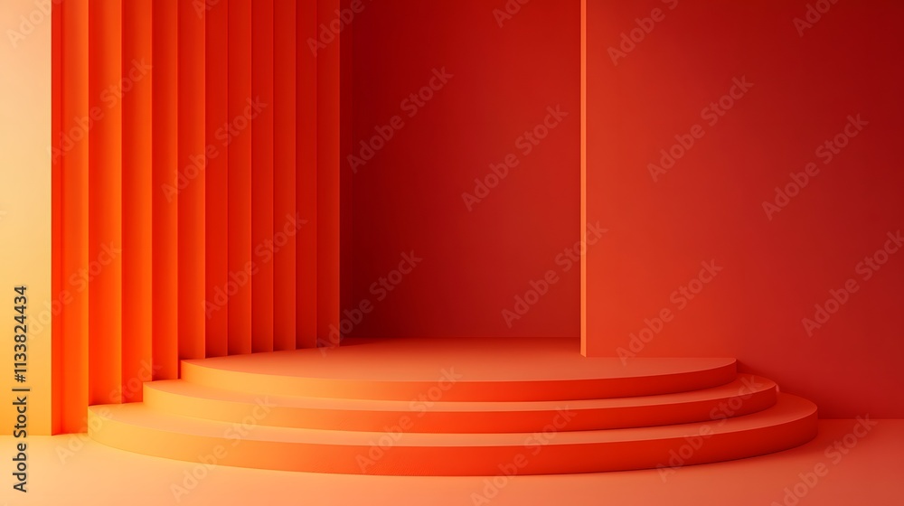 A red room with orange stripes and orange steps. The room is empty and has a modern feel A red room with orange stripes and orange steps. The room is empty and has a modern feel