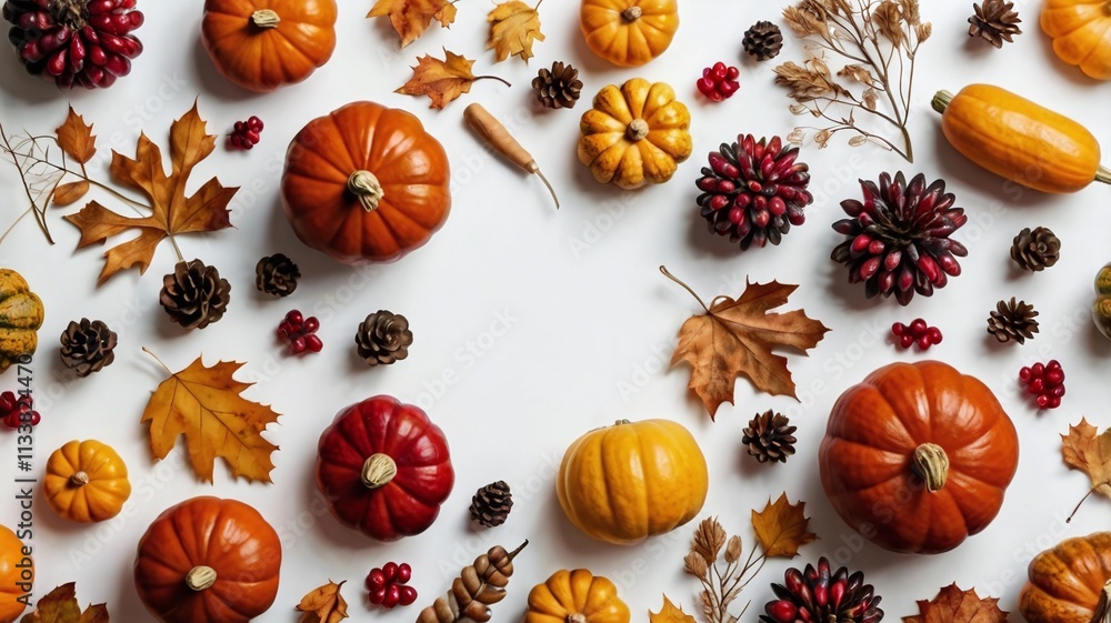 Thanksgiving day background top view. Autumn fall holiday frame from decorative pumpkins, squash harvest, dried foliage, red berry on white background. design for sale mockup, wallpaper, banner poster Thanksgiving day background top view. Autumn fall holiday frame from decorative pumpkins, squash harvest, dried foliage, red berry on white background. design for sale mockup, wallpaper, banner poster