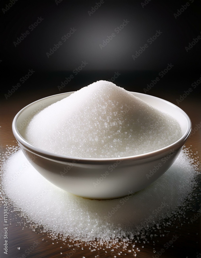 A mound of white granulated sugar sits in a white bowl against a dark background. A mound of white granulated sugar sits in a white bowl against a dark background.