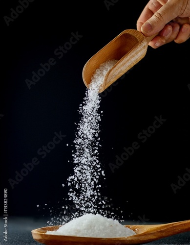 White crystals cascade from a wooden scoop onto a spoon against a black background.