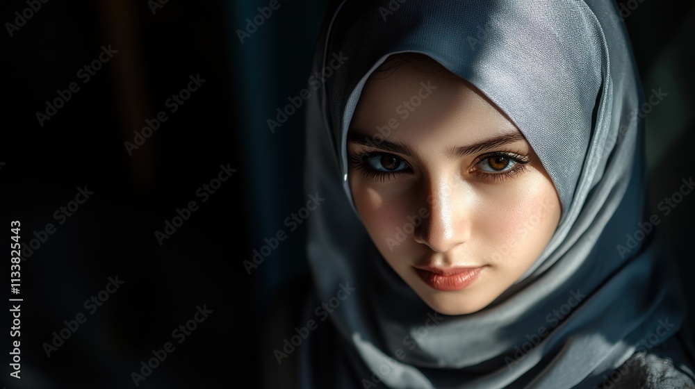 Portrait of a Young Woman Wearing a Silver Hijab, Illuminated by a Dramatic Light Source, Creating a Striking Contrast Against a Dark Background Portrait of a Young Woman Wearing a Silver Hijab, Illuminated by a Dramatic Light Source, Creating a Striking Contrast Against a Dark Background