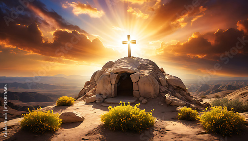 Resurrection of Jesus: Empty Tomb and Three Crosses Against Vibrant Sunset Sky.