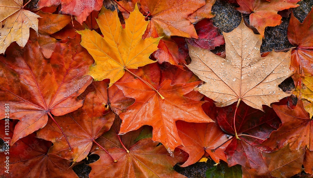 Autumn's fiery embrace: A carpet of vibrant red and orange maple leaves.