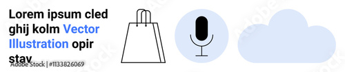 Simple vector graphics including a shopping bag, microphone icon, and cloud. Ideal for e-commerce, retail, online shopping, digital content, audio services, cloud storage and marketing materials