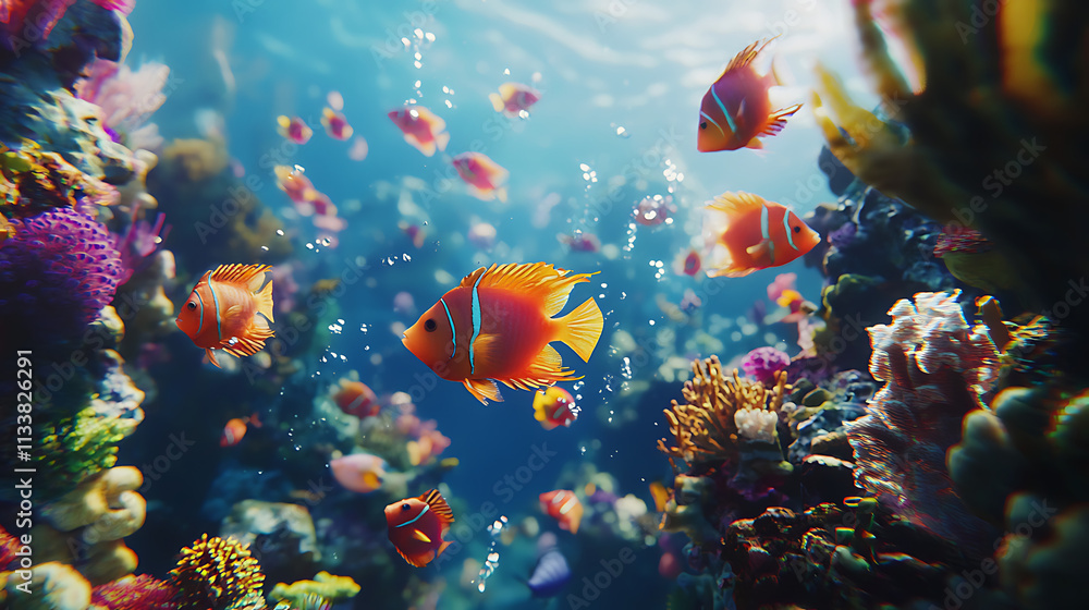 Fototapeta premium A colorful fish swimming in a coral reef with other fish